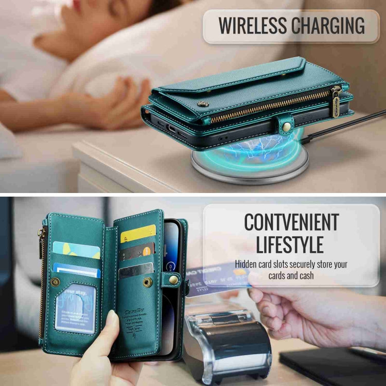 For iPhone 14 Pro Max CaseMe C36 Card Slots Zipper Wallet RFID Anti-theft Leather Phone Case(Blue-green)