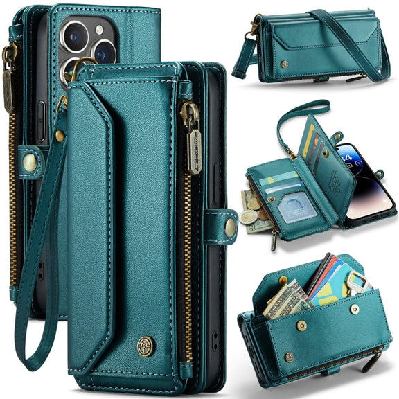 For iPhone 14 Pro Max CaseMe C36 Card Slots Zipper Wallet RFID Anti-theft Leather Phone Case(Blue-green)