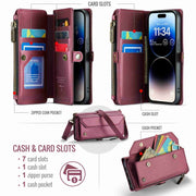For iPhone 14 Pro Max CaseMe C36 Card Slots Zipper Wallet RFID Anti-theft Leather Phone Case(Wine Red)