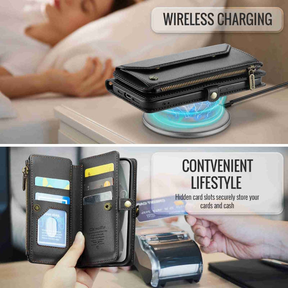 For iPhone 15 CaseMe C36 Card Slots Zipper Wallet RFID Anti-theft Leather Phone Case(Black)