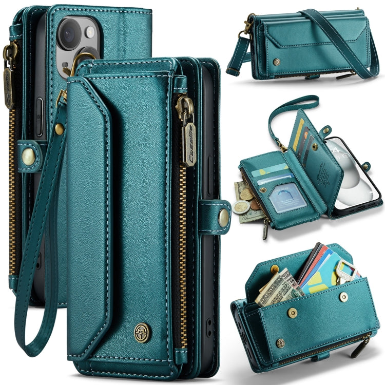 For iPhone 15 CaseMe C36 Card Slots Zipper Wallet RFID Anti-theft Leather Phone Case(Blue-green) - free shipping - PMC Jewellery - Order now!
