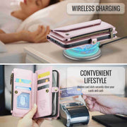 For iPhone 15 CaseMe C36 Card Slots Zipper Wallet RFID Anti-theft Leather Phone Case(Pink)