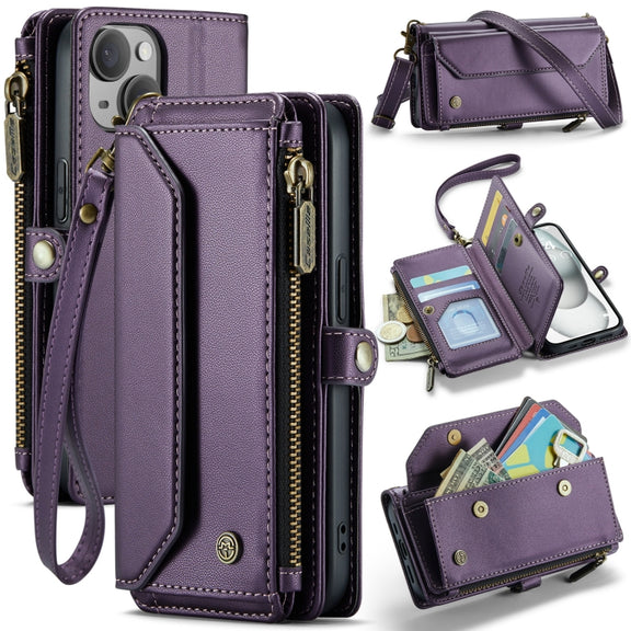 For iPhone 15 Plus CaseMe C36 Card Slots Zipper Wallet RFID Anti-theft Leather Phone Case(Purple)