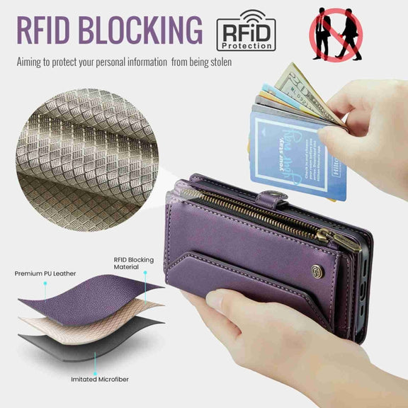 For iPhone 15 Plus CaseMe C36 Card Slots Zipper Wallet RFID Anti-theft Leather Phone Case(Purple)