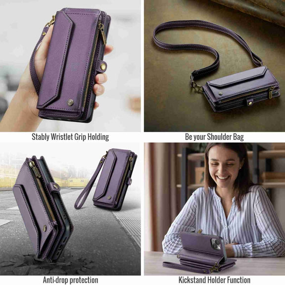 For iPhone 15 Plus CaseMe C36 Card Slots Zipper Wallet RFID Anti-theft Leather Phone Case(Purple)