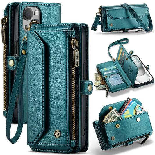 For iPhone 15 Plus CaseMe C36 Card Slots Zipper Wallet RFID Anti-theft Leather Phone Case(Blue-green) - free shipping - PMC Jewellery - Order now!