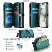 For iPhone 15 Plus CaseMe C36 Card Slots Zipper Wallet RFID Anti-theft Leather Phone Case(Blue-green)