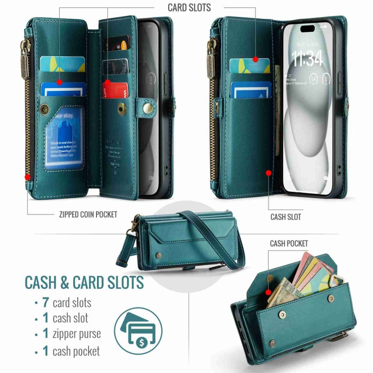 For iPhone 15 Plus CaseMe C36 Card Slots Zipper Wallet RFID Anti-theft Leather Phone Case(Blue-green)