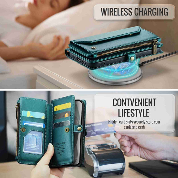 For iPhone 15 Plus CaseMe C36 Card Slots Zipper Wallet RFID Anti-theft Leather Phone Case(Blue-green)