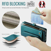 For iPhone 15 Plus CaseMe C36 Card Slots Zipper Wallet RFID Anti-theft Leather Phone Case(Blue-green)