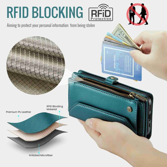 For iPhone 15 Plus CaseMe C36 Card Slots Zipper Wallet RFID Anti-theft Leather Phone Case(Blue-green)
