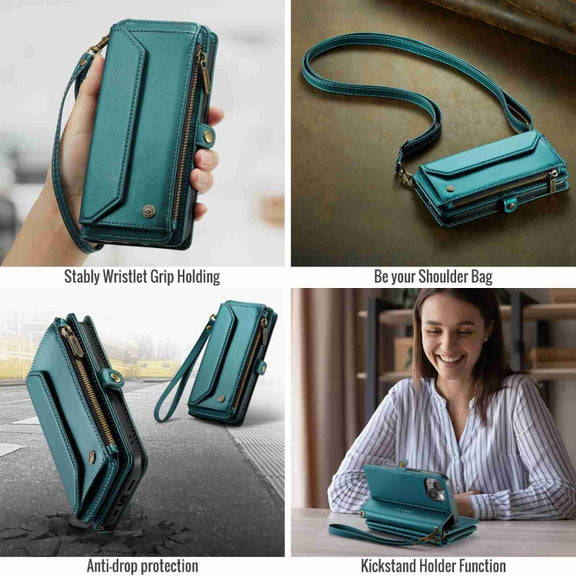 For iPhone 15 Plus CaseMe C36 Card Slots Zipper Wallet RFID Anti-theft Leather Phone Case(Blue-green)