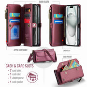 For iPhone 15 Plus CaseMe C36 Card Slots Zipper Wallet RFID Anti-theft Leather Phone Case(Wine Red)