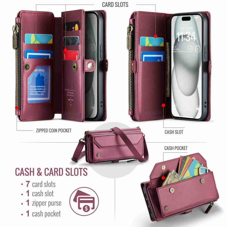 For iPhone 15 Plus CaseMe C36 Card Slots Zipper Wallet RFID Anti-theft Leather Phone Case(Wine Red)