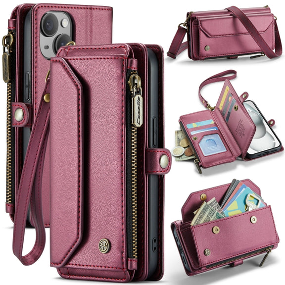 For iPhone 15 Plus CaseMe C36 Card Slots Zipper Wallet RFID Anti-theft Leather Phone Case(Wine Red)