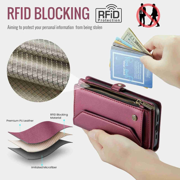 For iPhone 15 Plus CaseMe C36 Card Slots Zipper Wallet RFID Anti-theft Leather Phone Case(Wine Red)