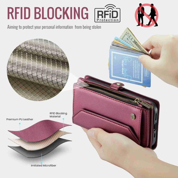 For iPhone 15 Plus CaseMe C36 Card Slots Zipper Wallet RFID Anti-theft Leather Phone Case(Wine Red)