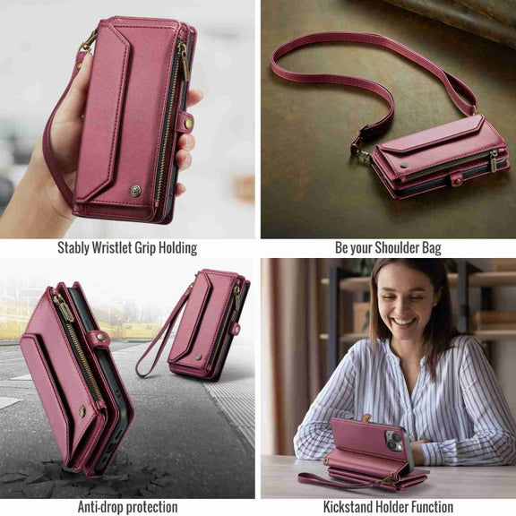 For iPhone 15 Plus CaseMe C36 Card Slots Zipper Wallet RFID Anti-theft Leather Phone Case(Wine Red)
