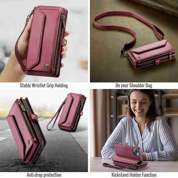 For iPhone 15 Plus CaseMe C36 Card Slots Zipper Wallet RFID Anti-theft Leather Phone Case(Wine Red)