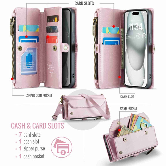 For iPhone 15 Plus CaseMe C36 Card Slots Zipper Wallet RFID Anti-theft Leather Phone Case(Pink)