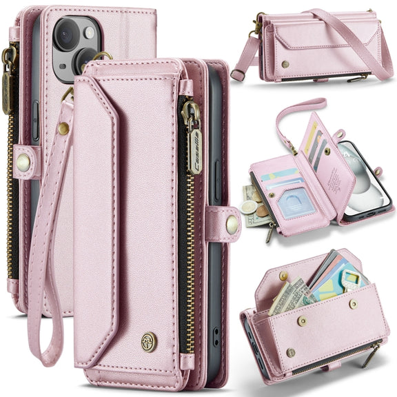 For iPhone 15 Plus CaseMe C36 Card Slots Zipper Wallet RFID Anti-theft Leather Phone Case(Pink)