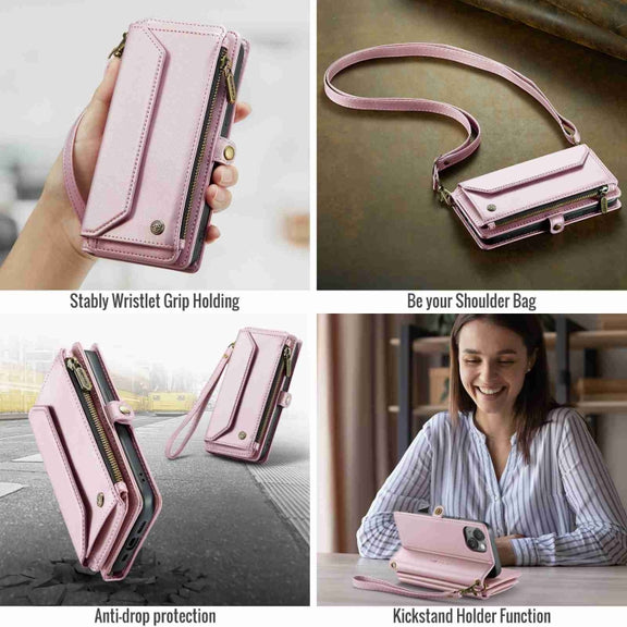 For iPhone 15 Plus CaseMe C36 Card Slots Zipper Wallet RFID Anti-theft Leather Phone Case(Pink)