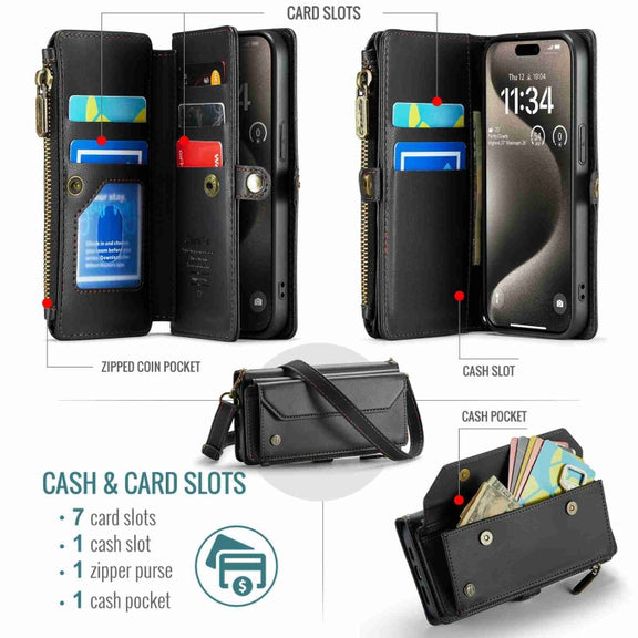 For iPhone 15 Pro CaseMe C36 Card Slots Zipper Wallet RFID Anti-theft Leather Phone Case(Black)
