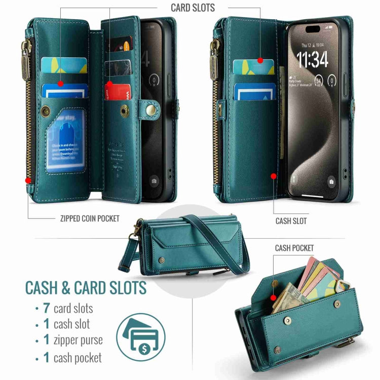 For iPhone 15 Pro CaseMe C36 Card Slots Zipper Wallet RFID Anti-theft Leather Phone Case(Blue-green)