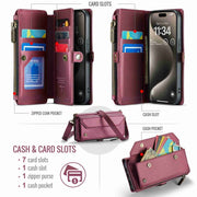 For iPhone 15 Pro CaseMe C36 Card Slots Zipper Wallet RFID Anti-theft Leather Phone Case(Wine Red)