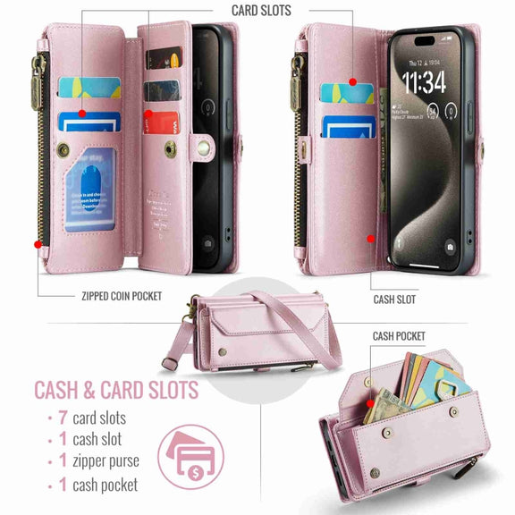 For iPhone 15 Pro CaseMe C36 Card Slots Zipper Wallet RFID Anti-theft Leather Phone Case(Pink)