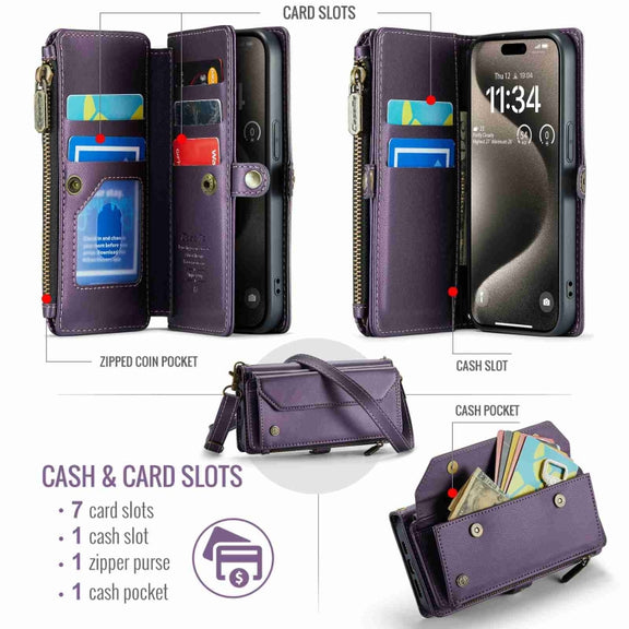 For iPhone 15 Pro Max CaseMe C36 Card Slots Zipper Wallet RFID Anti-theft Leather Phone Case(Purple)