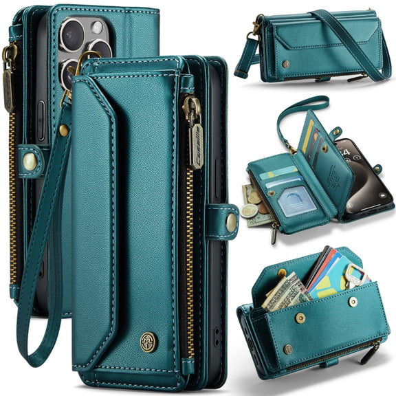 For iPhone 15 Pro Max CaseMe C36 Card Slots Zipper Wallet RFID Anti-theft Leather Phone Case(Blue-green)