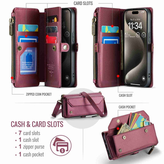 For iPhone 15 Pro Max CaseMe C36 Card Slots Zipper Wallet RFID Anti-theft Leather Phone Case(Wine Red)
