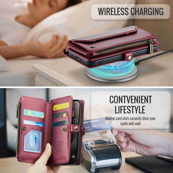 For iPhone 15 Pro Max CaseMe C36 Card Slots Zipper Wallet RFID Anti-theft Leather Phone Case(Wine Red)