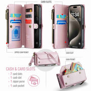 For iPhone 15 Pro Max CaseMe C36 Card Slots Zipper Wallet RFID Anti-theft Leather Phone Case(Pink)