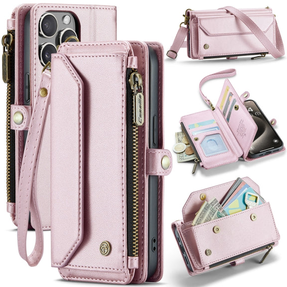 For iPhone 15 Pro Max CaseMe C36 Card Slots Zipper Wallet RFID Anti-theft Leather Phone Case(Pink)