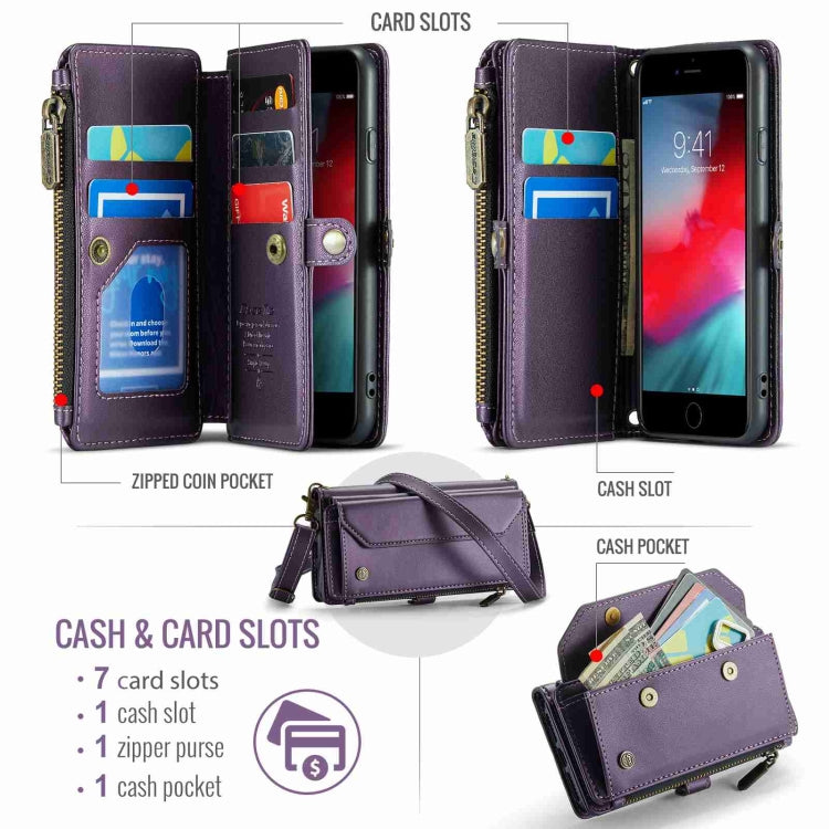 For iPhone SE 2022 / SE 2020 CaseMe C36 Card Slots Zipper Wallet RFID Anti-theft Leather Phone Case(Purple)