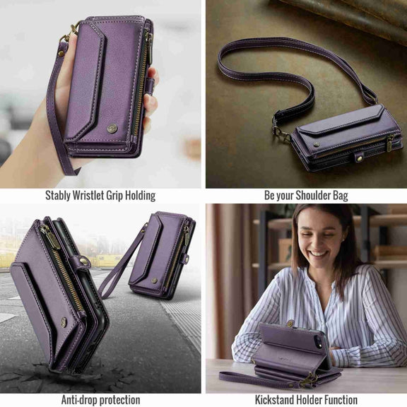 For iPhone SE 2022 / SE 2020 CaseMe C36 Card Slots Zipper Wallet RFID Anti-theft Leather Phone Case(Purple)
