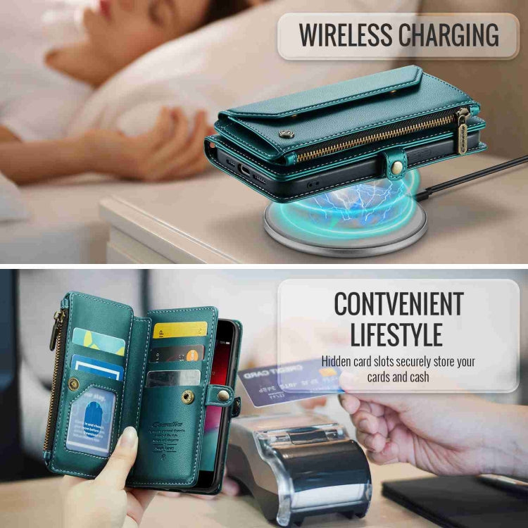 For iPhone SE 2022 / SE 2020 CaseMe C36 Card Slots Zipper Wallet RFID Anti-theft Leather Phone Case(Blue-green)