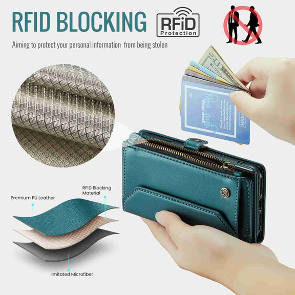 For iPhone SE 2022 / SE 2020 CaseMe C36 Card Slots Zipper Wallet RFID Anti-theft Leather Phone Case(Blue-green)