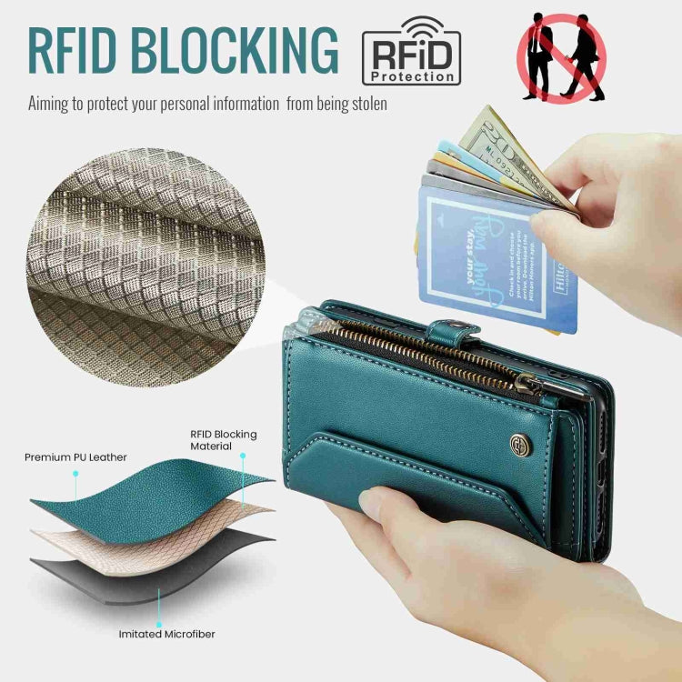 For iPhone SE 2022 / SE 2020 CaseMe C36 Card Slots Zipper Wallet RFID Anti-theft Leather Phone Case(Blue-green)