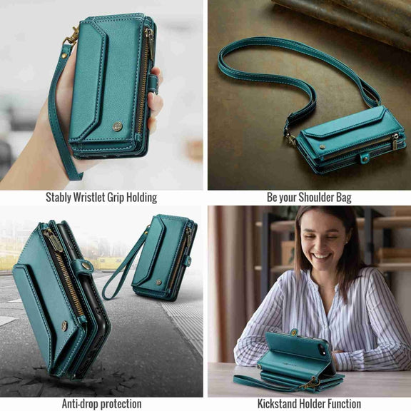 For iPhone SE 2022 / SE 2020 CaseMe C36 Card Slots Zipper Wallet RFID Anti-theft Leather Phone Case(Blue-green)