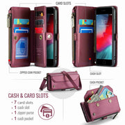 For iPhone SE 2022 / SE 2020 CaseMe C36 Card Slots Zipper Wallet RFID Anti-theft Leather Phone Case(Wine Red)
