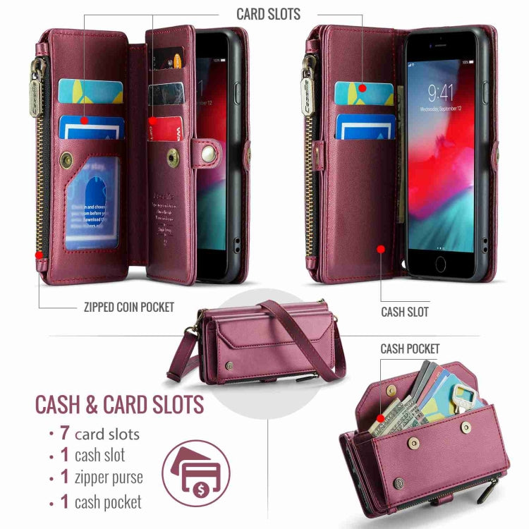 For iPhone SE 2022 / SE 2020 CaseMe C36 Card Slots Zipper Wallet RFID Anti-theft Leather Phone Case(Wine Red)