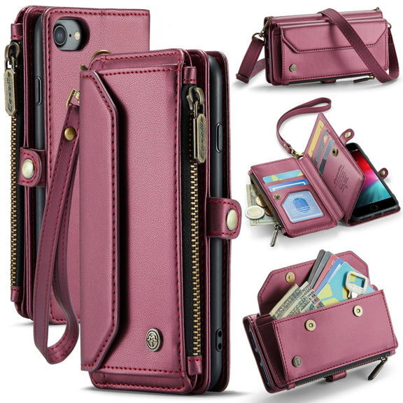 For iPhone SE 2022 / SE 2020 CaseMe C36 Card Slots Zipper Wallet RFID Anti-theft Leather Phone Case(Wine Red)