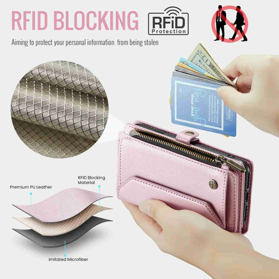 For iPhone SE 2022 / SE 2020 CaseMe C36 Card Slots Zipper Wallet RFID Anti-theft Leather Phone Case(Pink)