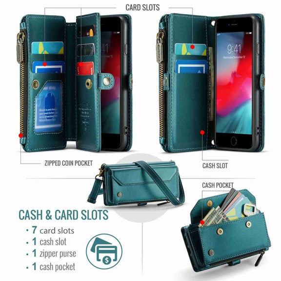 For iPhone 8 / 7 / 6 CaseMe C36 Card Slots Zipper Wallet RFID Anti-theft Leather Phone Case(Blue-green)