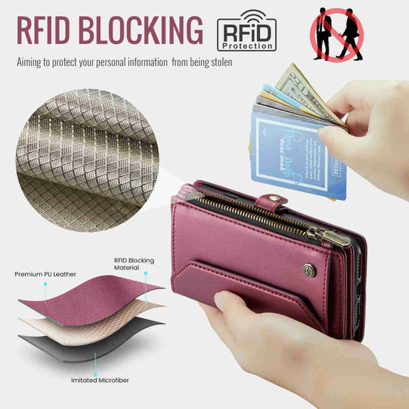 For iPhone 8 / 7 / 6 CaseMe C36 Card Slots Zipper Wallet RFID Anti-theft Leather Phone Case(Wine Red)