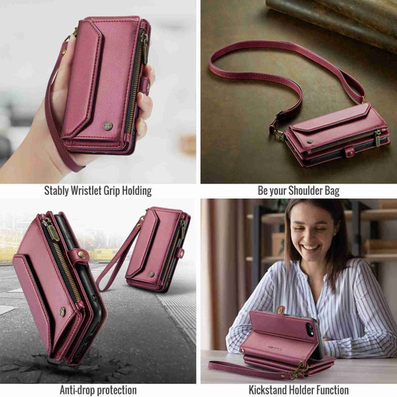 For iPhone 8 / 7 / 6 CaseMe C36 Card Slots Zipper Wallet RFID Anti-theft Leather Phone Case(Wine Red)