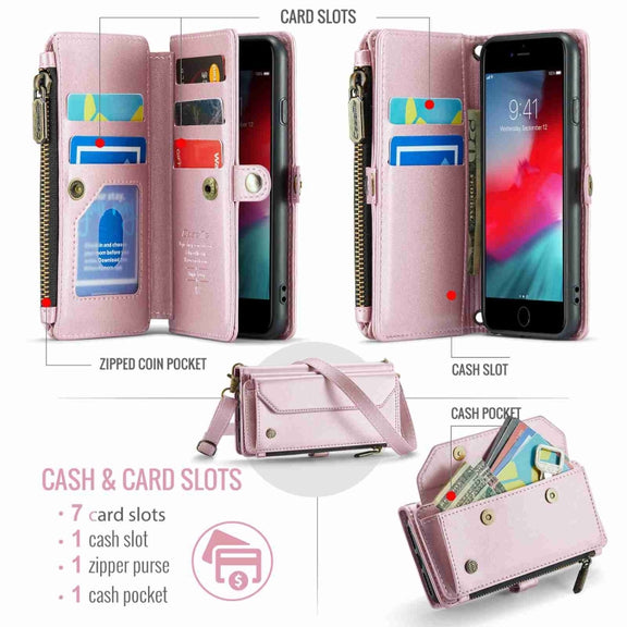 For iPhone 8 / 7 / 6 CaseMe C36 Card Slots Zipper Wallet RFID Anti-theft Leather Phone Case(Pink)